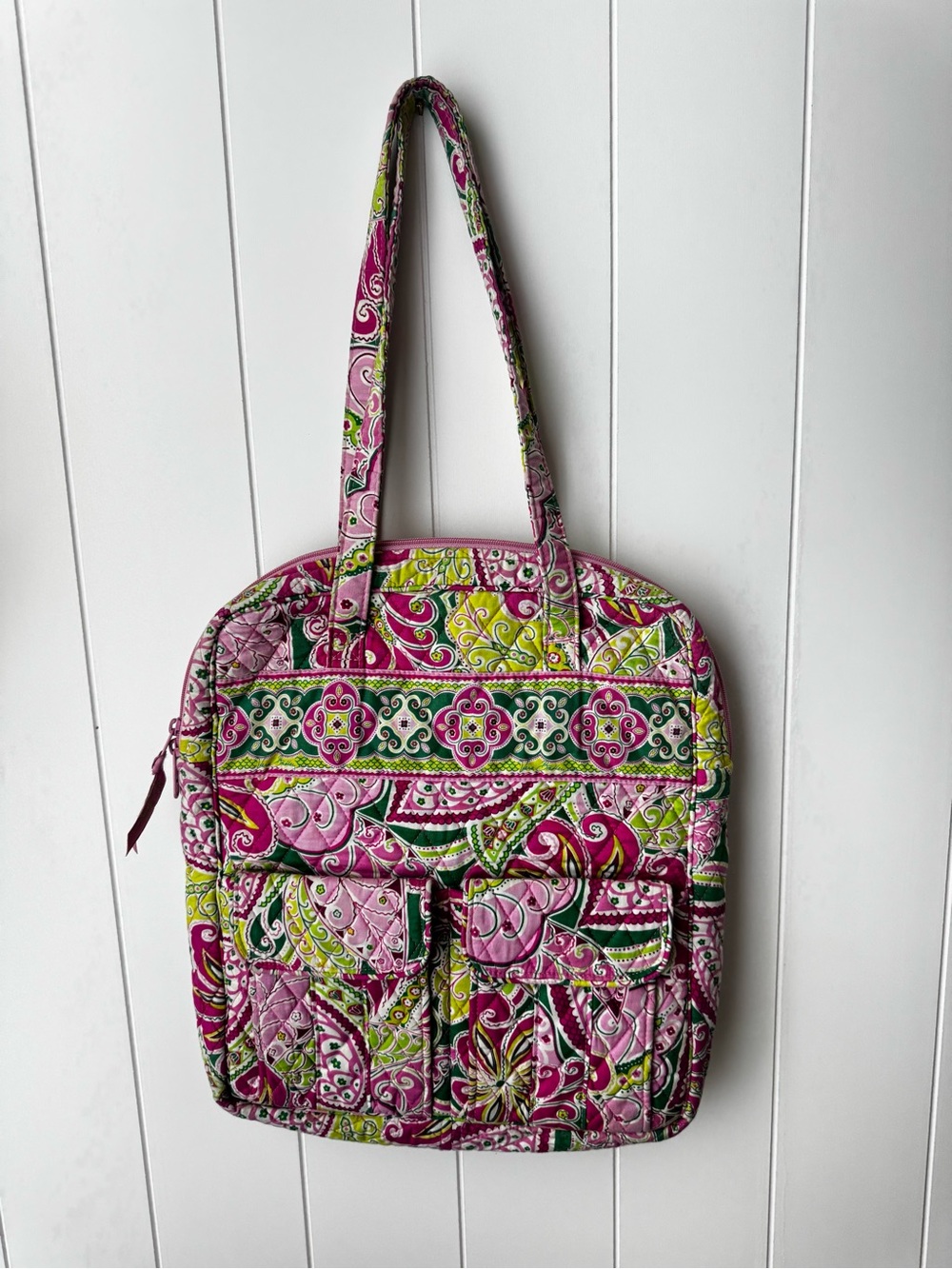 Vera Bradley Pink Green Zip Tall Tote Shoulder Bag Pinwheel Pink Retired